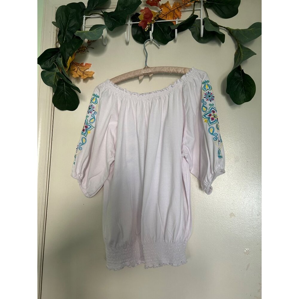 Boho Peasant Blouse White Embroidered Floral Top Festival Gypsy Style Puff Sleev